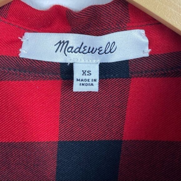 Madewell Tie Front Red Black Plaid Shirt Flannel Size XS Buffalo Check Cranberry - Picture 4 of 12